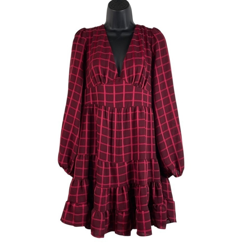 B Darlin Womens Mini Dress Maroon Red Sz 13/14 Deep V Neck Long Sleeve Checkered